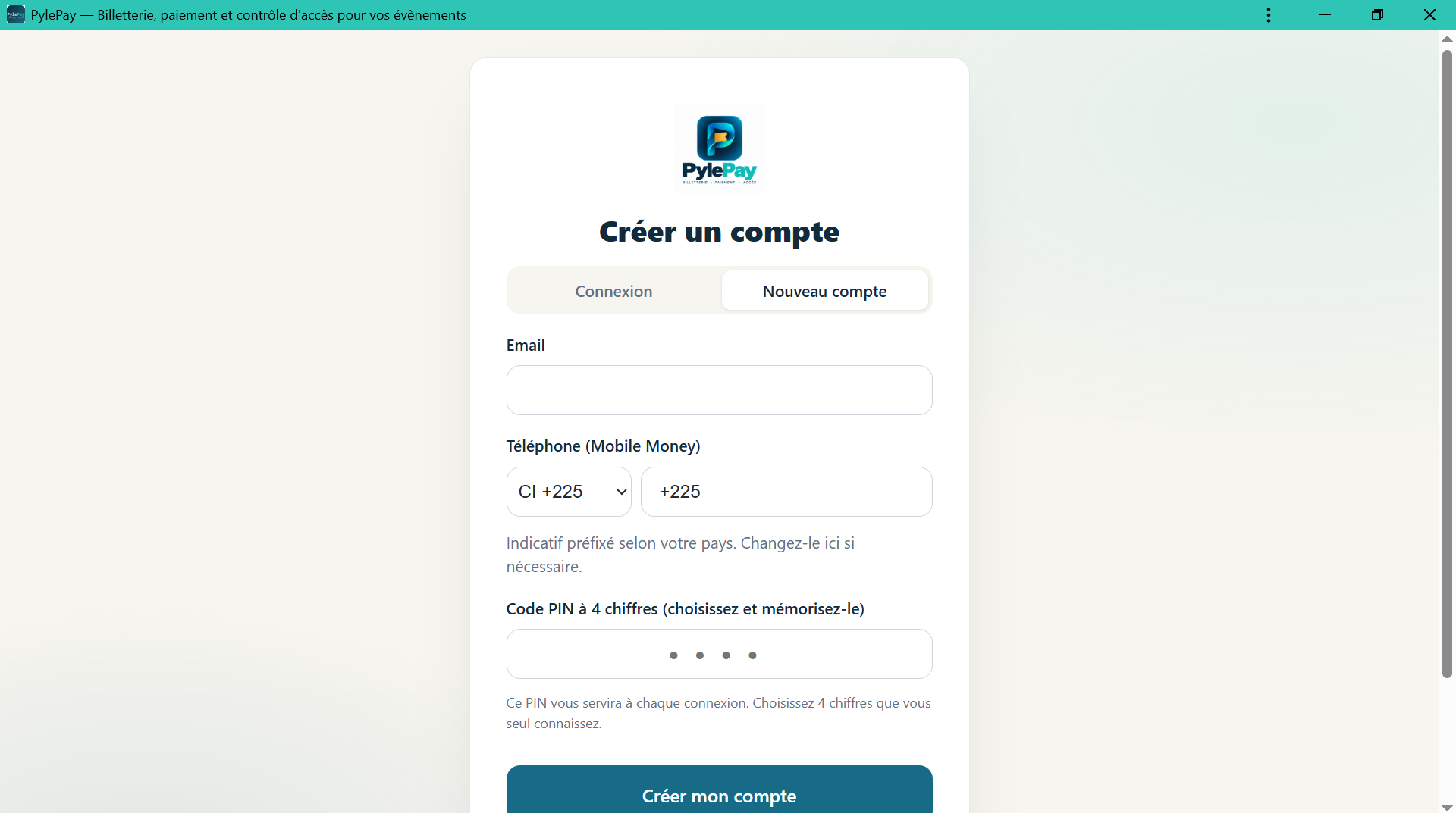 Formulaire de création de compte organisateur