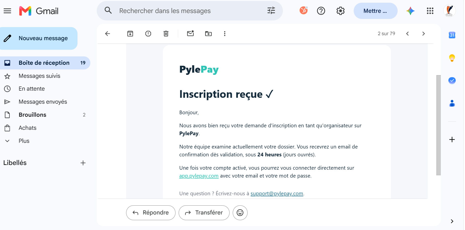 Email Gmail Inscription reçue