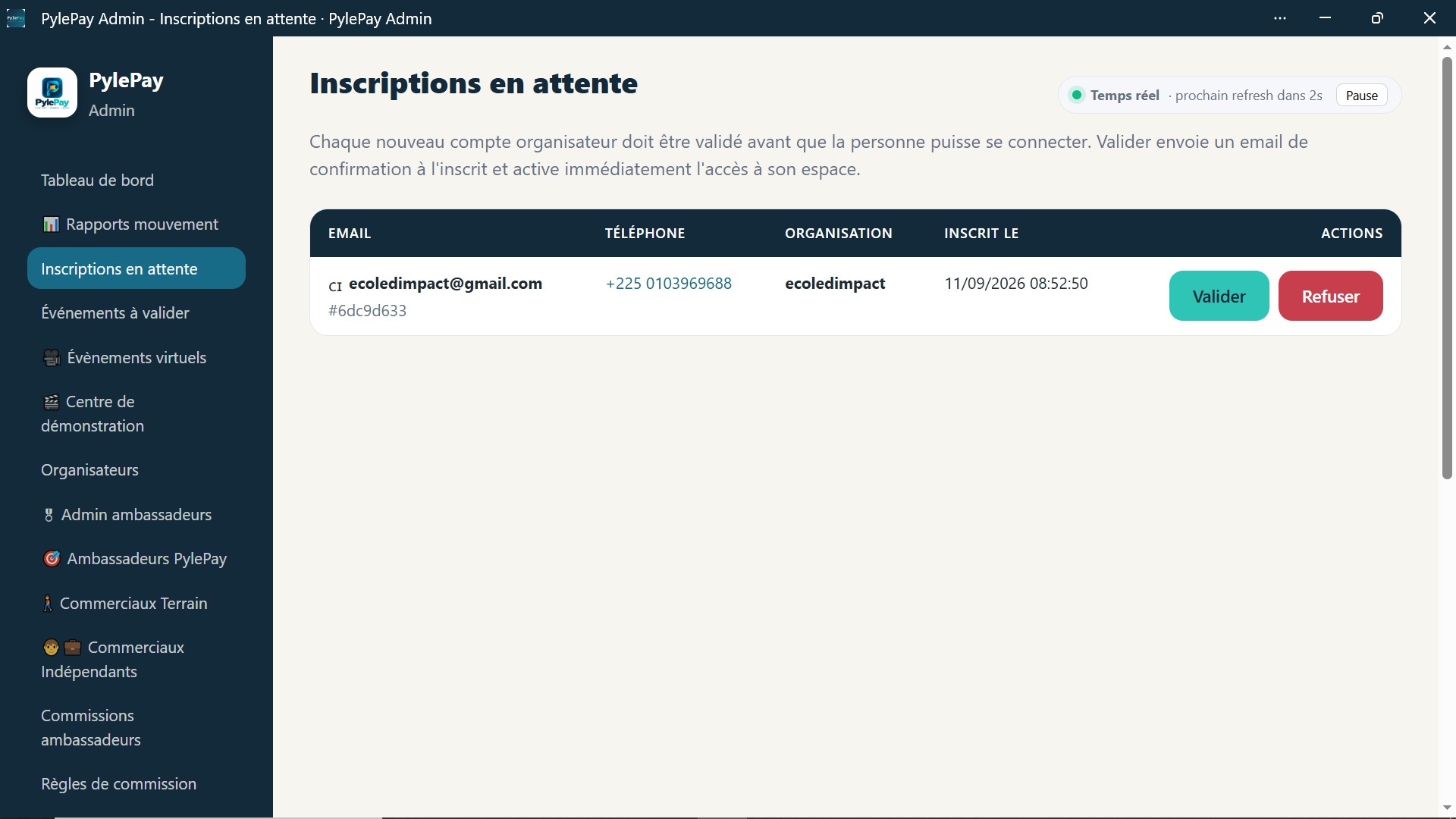 Inscriptions en attente admin